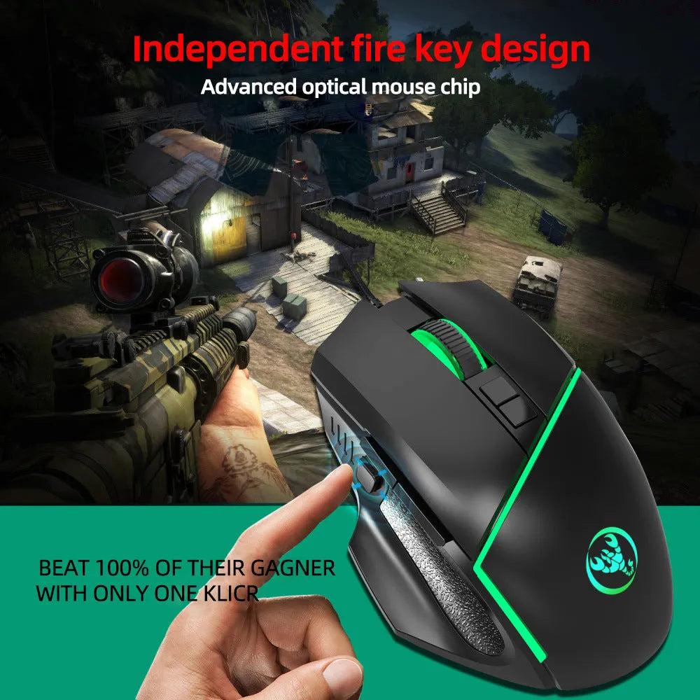 Black wired gaming mouse with 8 buttons, 6400 DPI adjustable sensor, 7-colour breathing light, and 150cm USB cable