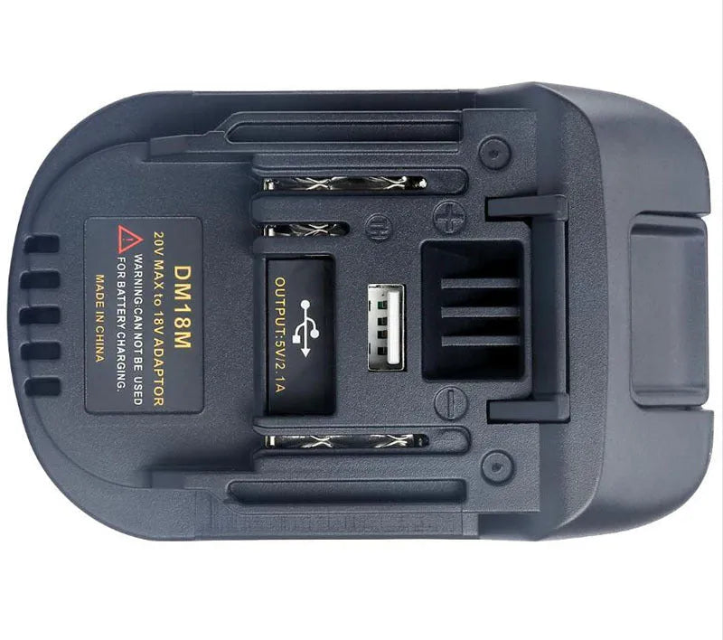 Black Milwaukee DM18M to MAKITA H99F battery adapter showing terminal connections and compact 125mm design