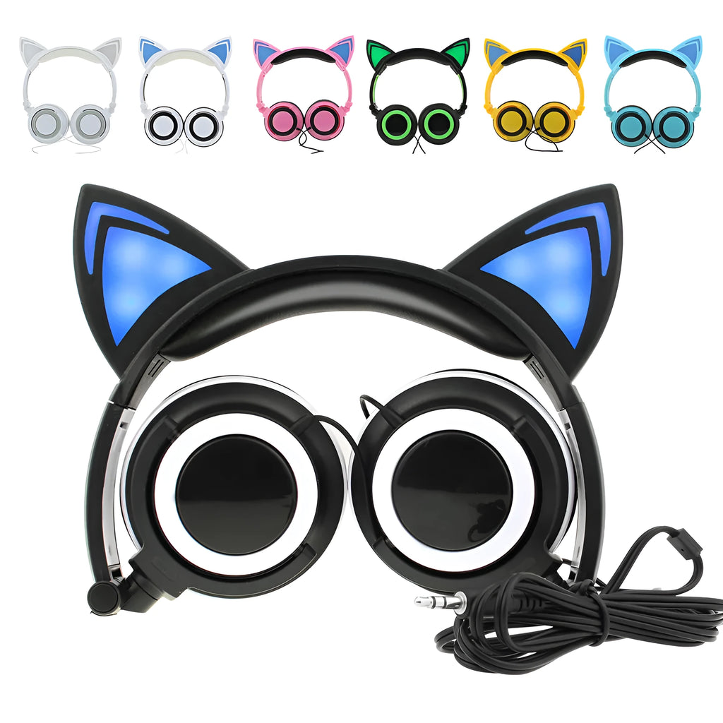 LED illuminated cat ear headphones in black, blue, grey, green, pink, white, or yellow colours with 40mm speakers