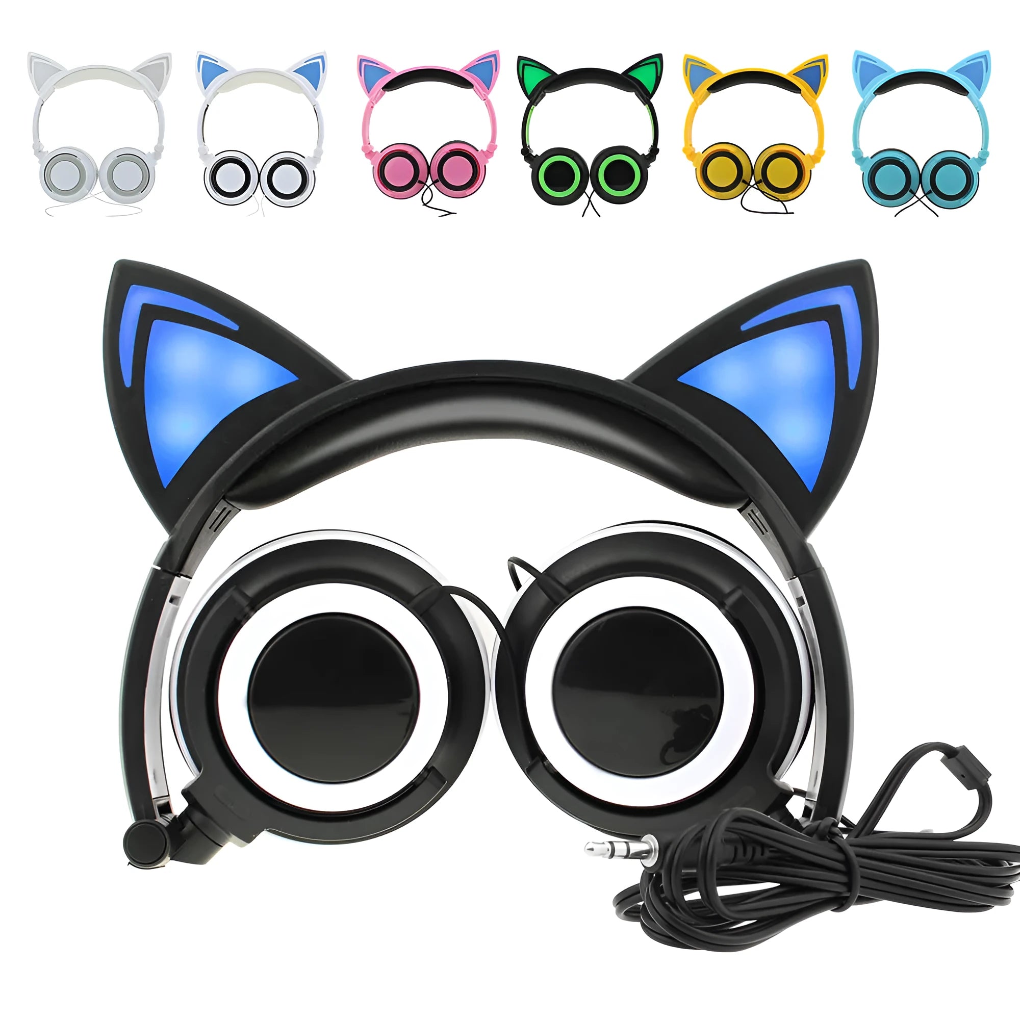 LED illuminated cat ear headphones in black, blue, grey, green, pink, white, or yellow colours with 40mm speakers