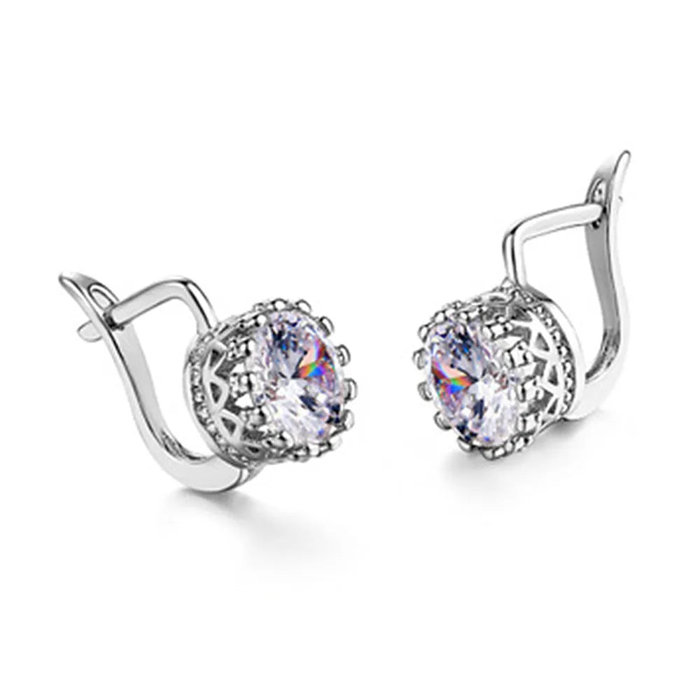 Korean Retro Crown Ear Clip Earrings in rose gold or white gold colour with detailed crown design and adjustable clip mechanism