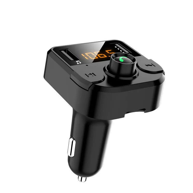 Black BT36B Bluetooth car MP3 player with FM transmitter and 1.1-inch display, connected to a car cigarette lighter.