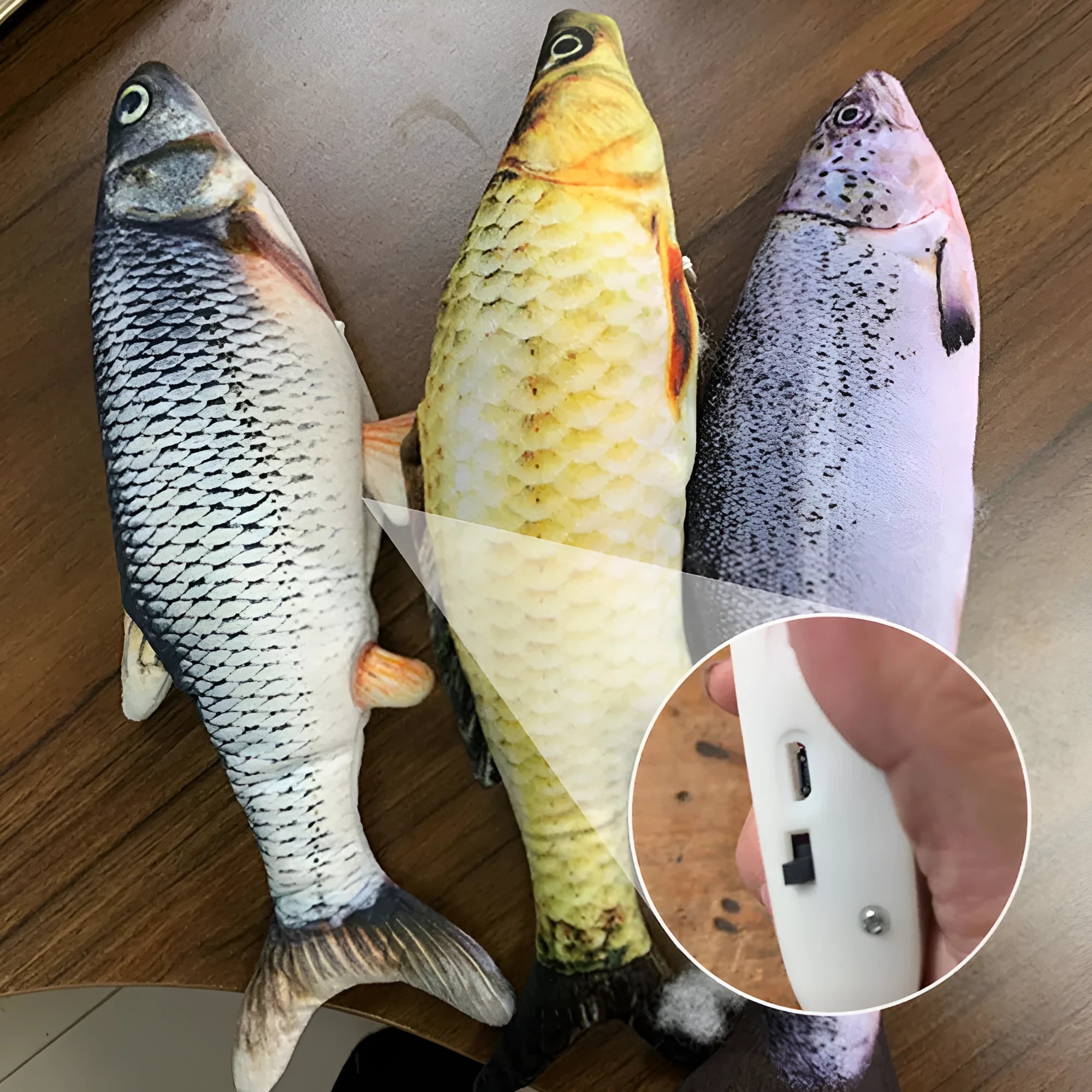 Multicolour 30cm electric jumping fish cat toy with a USB charging cable.