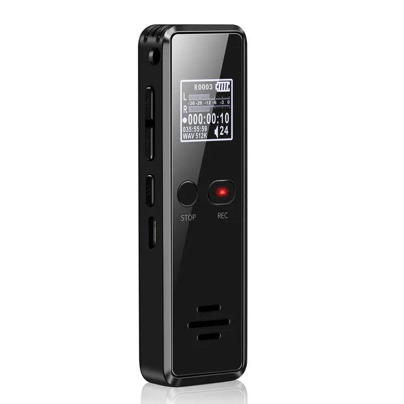 Black zinc alloy USB flash drive voice recorder and MP3 player shown next to its USB cable.