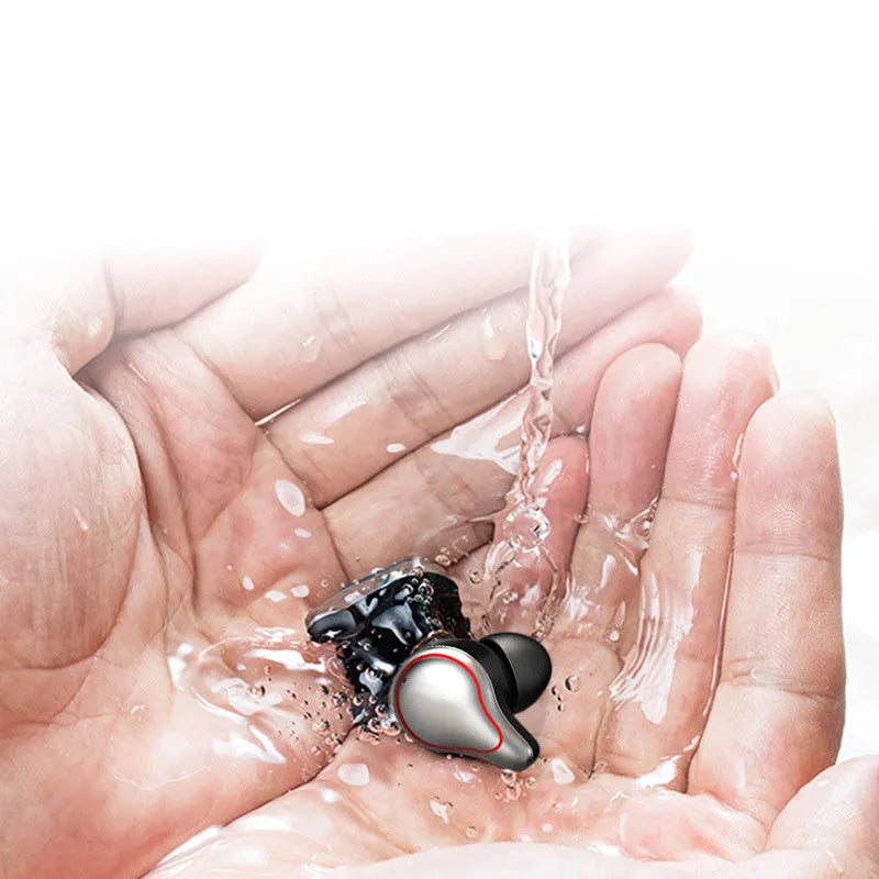 In-ear Bluetooth headset in black or blue colour with bilateral stereo sound and earplug design
