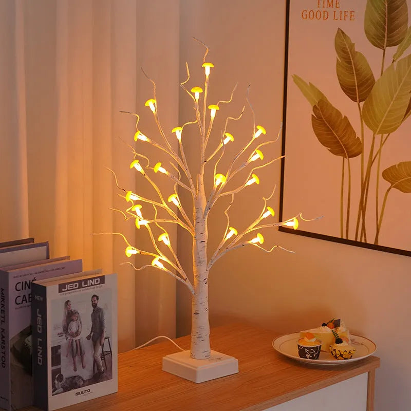 60cm tall mushroom tree lamp with 24 detachable LED flowers, birch design, and dual power options