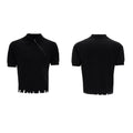 Men's slim-fit knitted polo shirt with oblique zipper and lapel collar in black colour