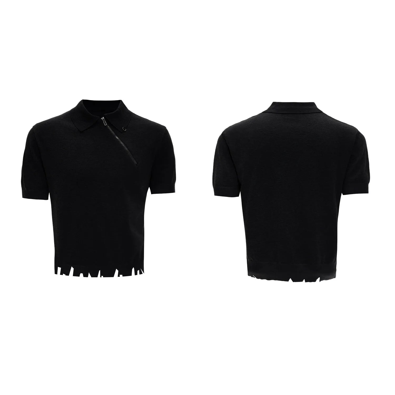 Men's slim-fit knitted polo shirt with oblique zipper and lapel collar in black colour