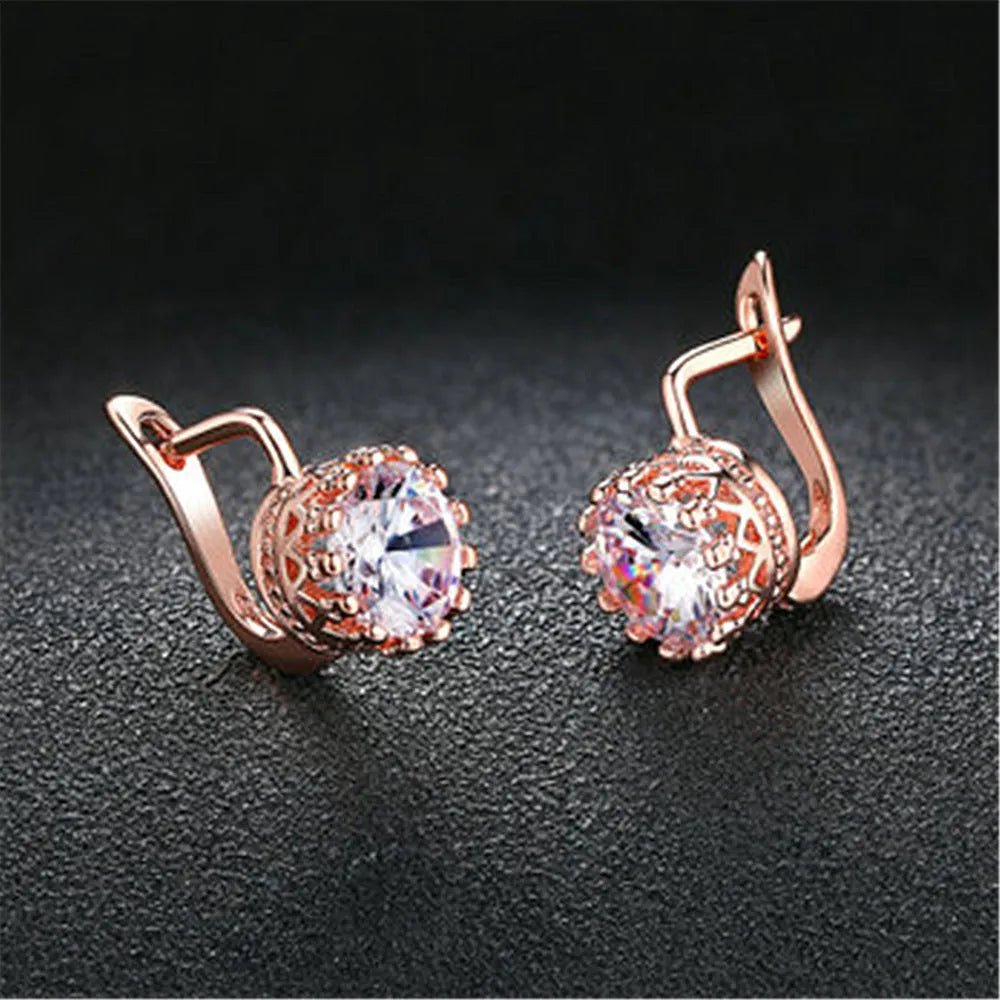 Korean Retro Crown Ear Clip Earrings in rose gold or white gold colour with detailed crown design and adjustable clip mechanism