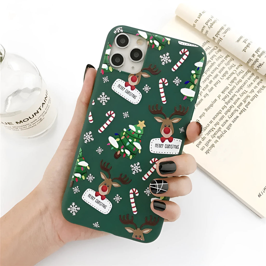 Green Christmas elk phone case with cartoon design showing elk and Christmas tree pattern