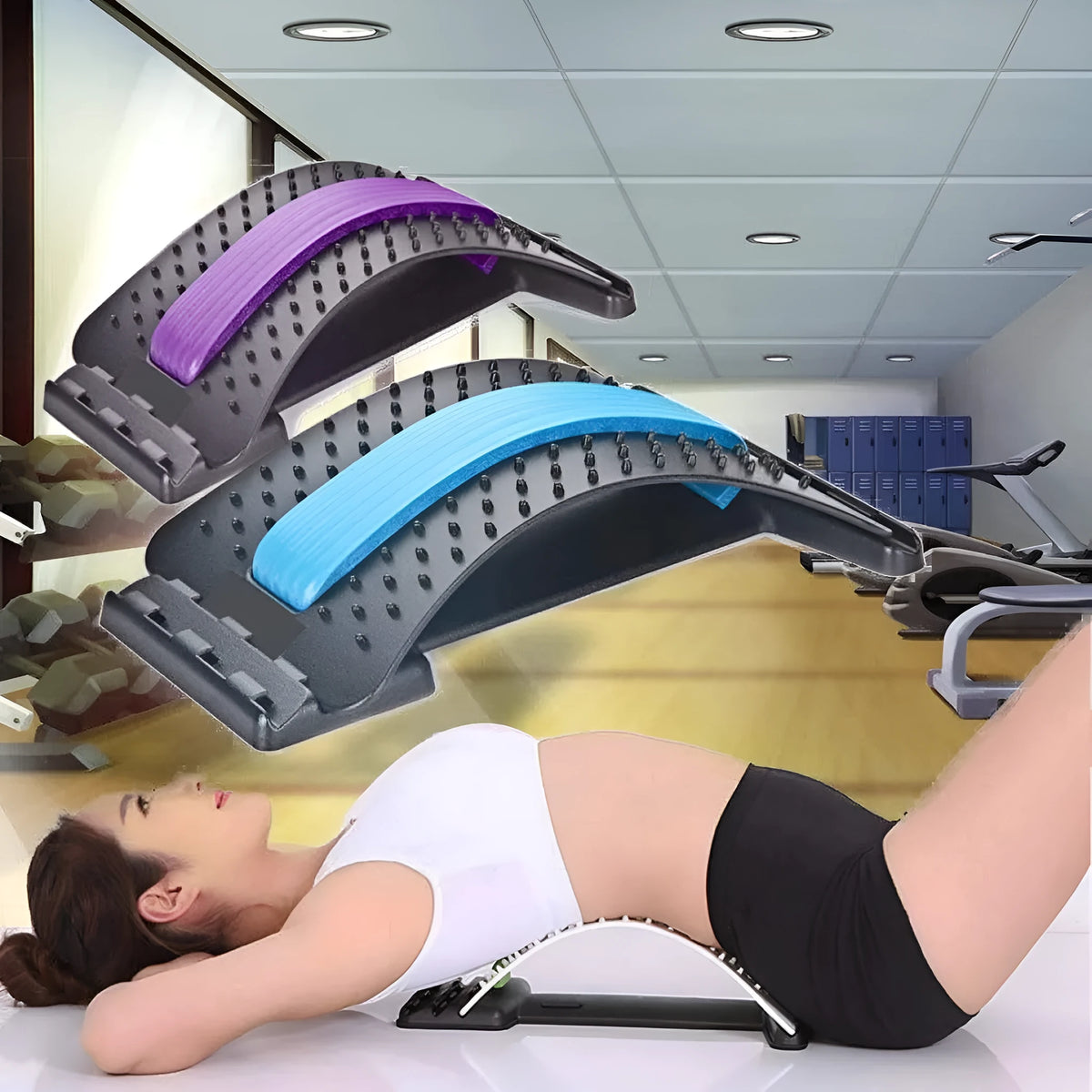 Lumbar back stretcher with magnetic points and adjustable stretch in ABS and NBR, folded for storage
