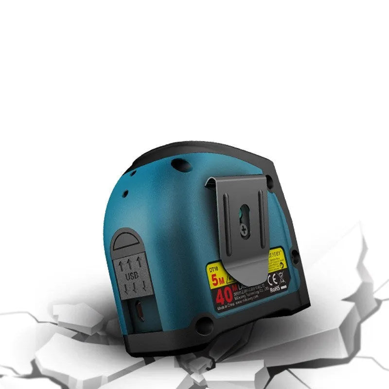 Black infrared laser rangefinder with digital display and 5M nylon coated tape measure, rechargeable DT10 model