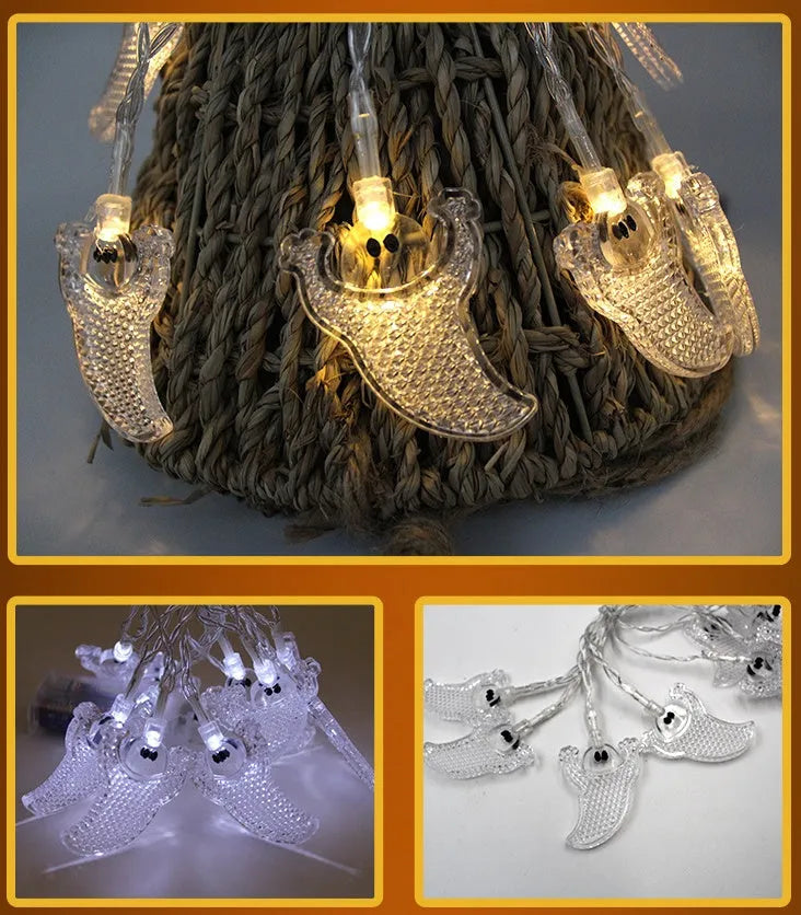 Halloween LED string lights with bat, pumpkin, and ghost pendants, waterproof for outdoor decoration