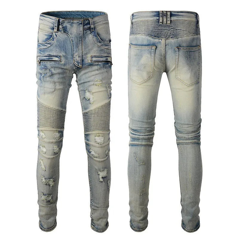 Light blue men's slim fit jeans with hand-frayed distressing on the knees and hem, showing a straight leg cut.