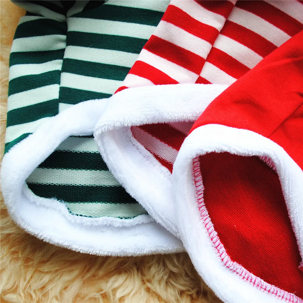 Christmas dog dress with hairy border, cotton terry fabric, green bar, red, or red bar, sizes XS to L