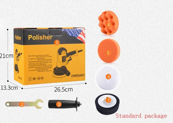 Yellow automotive polishing machine with 125mm disc, 700W motor, for car, metal, wood, tile, and leather surfaces