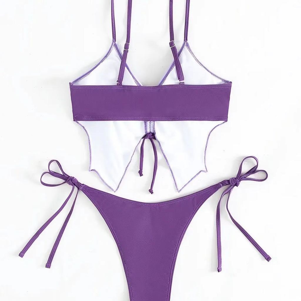 Women's bow ins style split bikini suit in purple, sleeveless design with European pattern for fitness and swimming