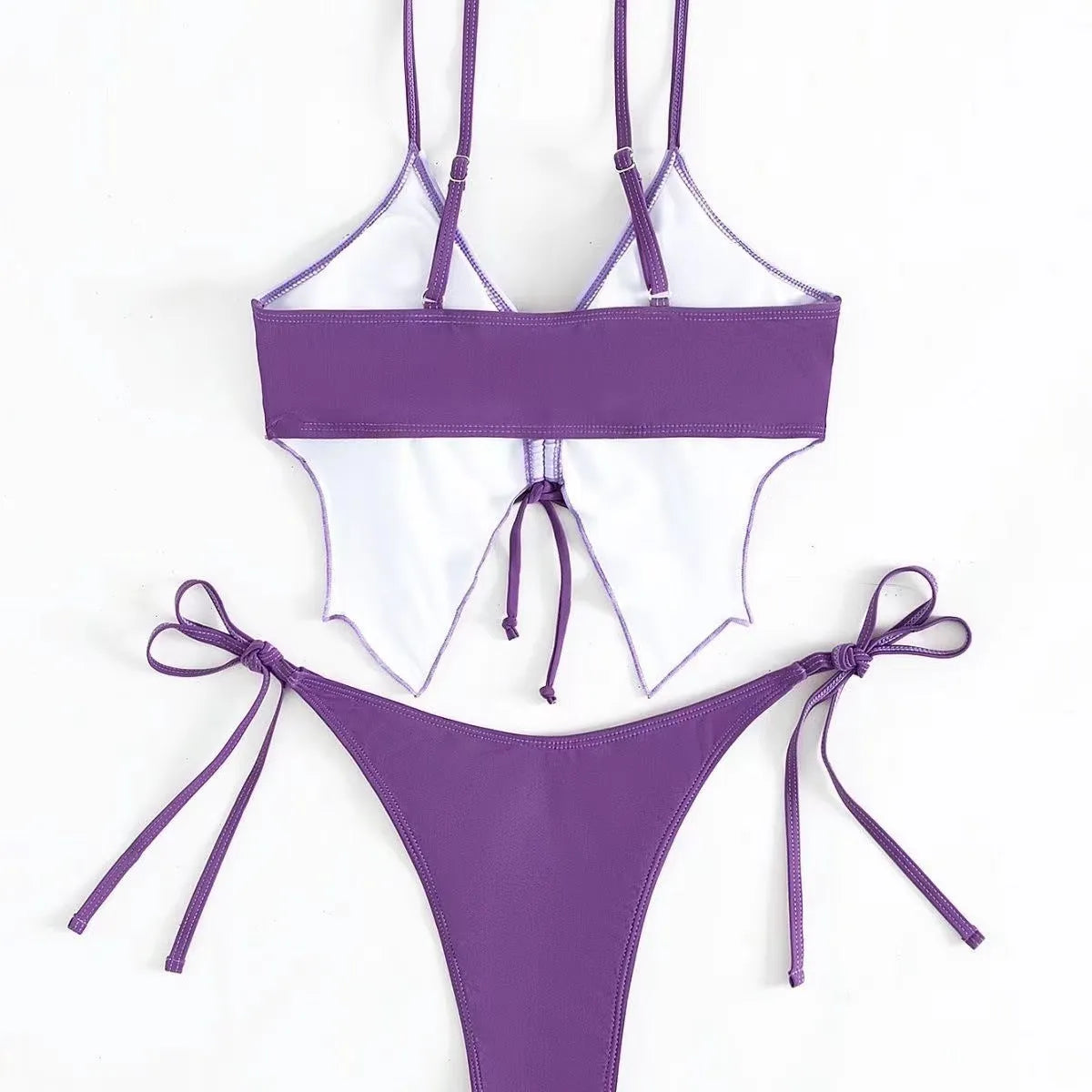 Women's bow ins style split bikini suit in purple, sleeveless design with European pattern for fitness and swimming