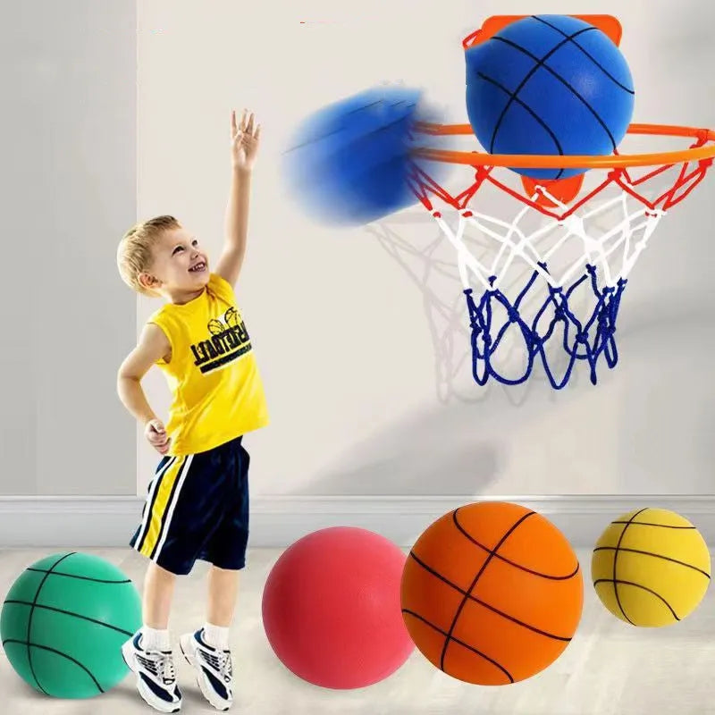 Silent high-density foam basketball in bright orange, 22cm diameter, for indoor children's play with reduced noise