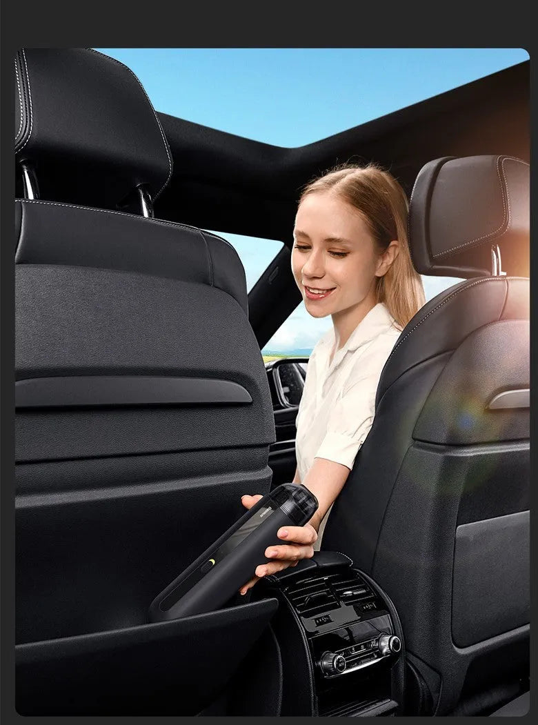 BASEUS handheld car vacuum cleaner in black, white, or green with blowing hose and HEPA filter