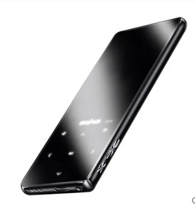 Black portable MP3 player with 2.4-inch touch screen showing music playlist, placed on a desk