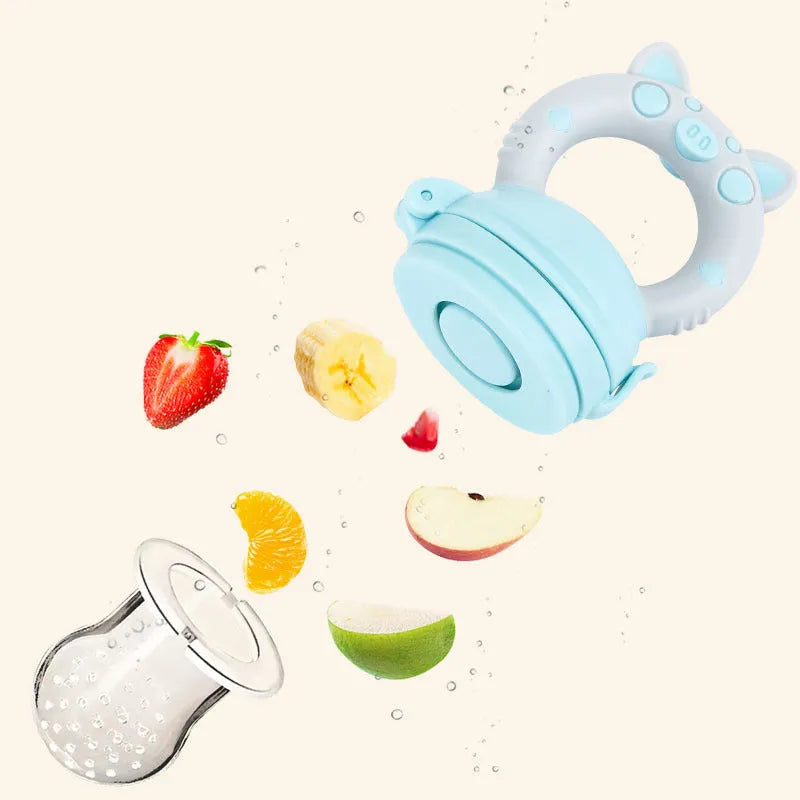 Silicone baby teether in blue with three interchangeable mouthpiece textures, measuring 8cm in length