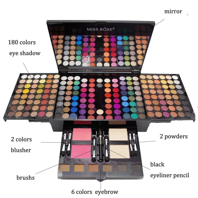 Piano-shaped makeup palette open to show 180 eyeshadow colours, blushes, powders and contour shades