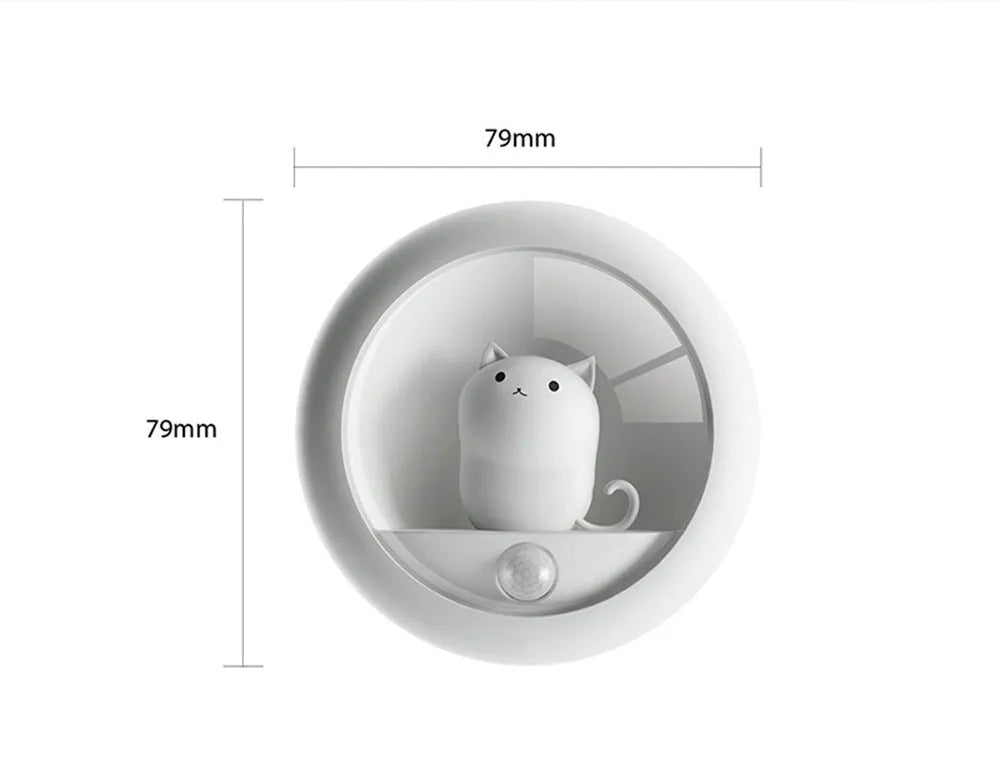 Cute cat LED night light, 79 x 79 x 33 mm, USB rechargeable, dual sensor, magnetic, lanyard, bracket, Pink White Yellow