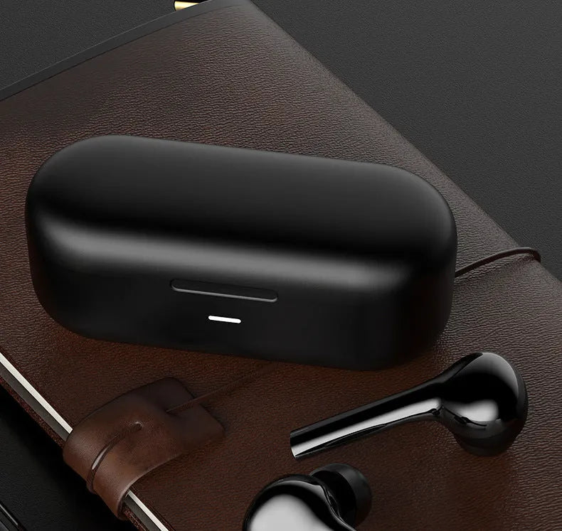 Black and white touch-controlled wireless in-ear headphones with a charging case.