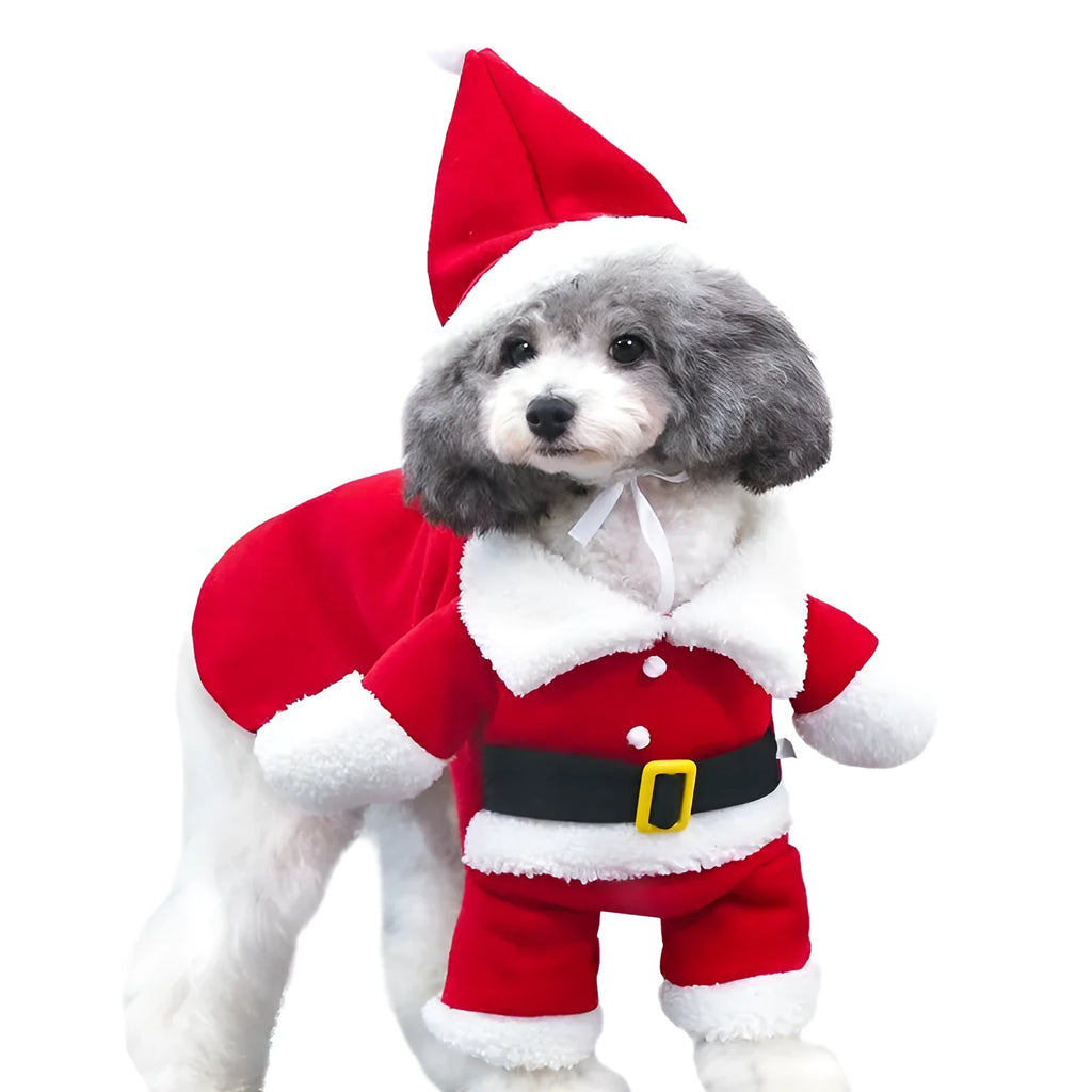 Red polar fleece Santa costume for dog or cat with stretchable design