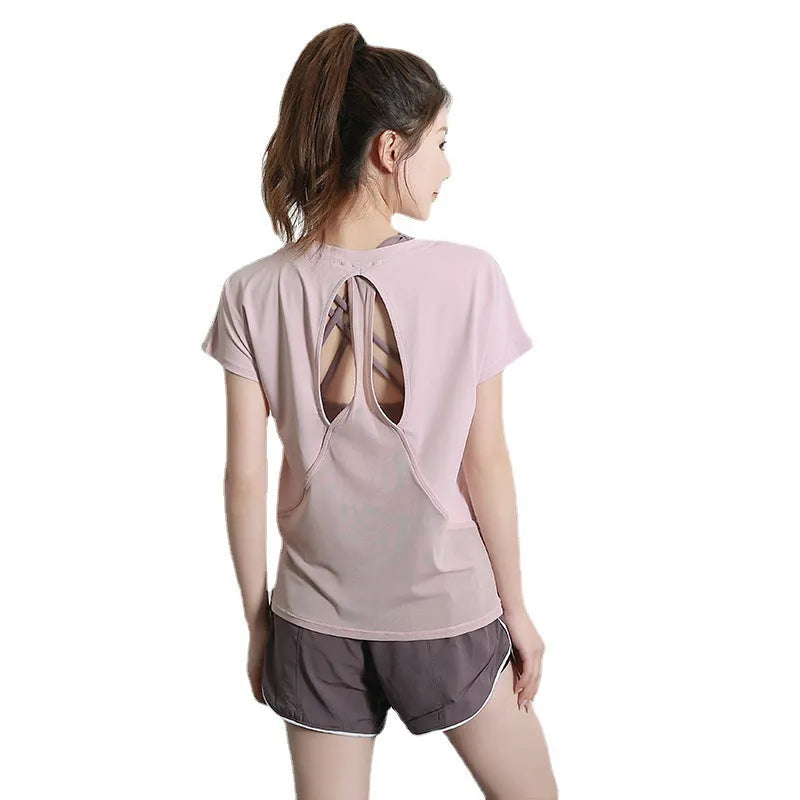 Women's short-sleeve polyester sports T-shirt in sky blue, suitable for running and gym workouts
