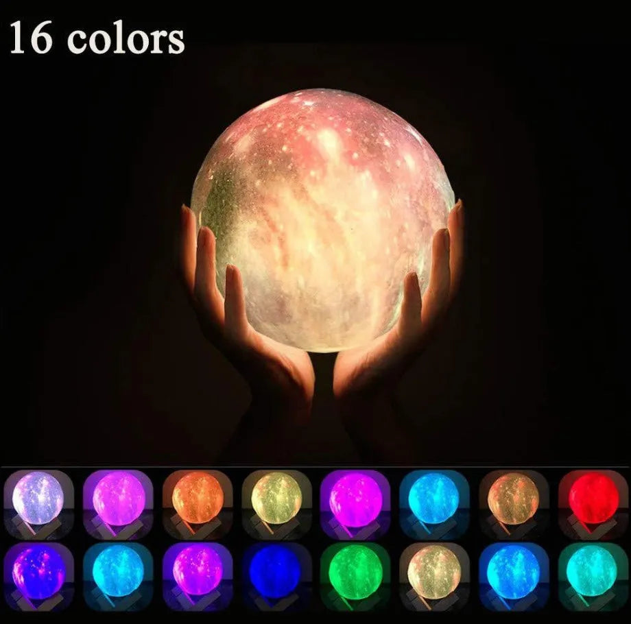 3D-printed lunar night light with LED colours, remote control, and touch sensor on wooden table