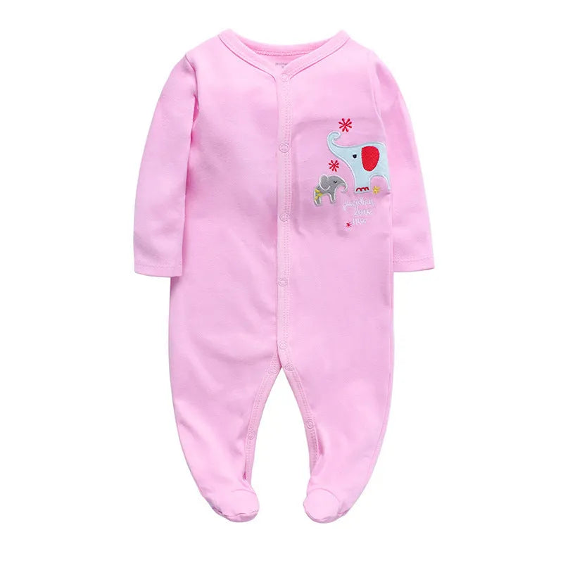 Cotton one-piece baby romper with long sleeves, shown in dinosaur print and other style options for 0-12 month infants.