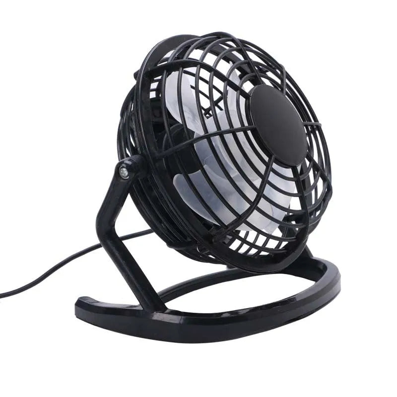 Mini portable USB desk fan in black, white, or blue with adjustable angle and 16cm size