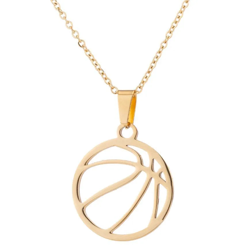 Stainless steel volleyball necklace with volleyball-shaped pendant, available in Gold or Silver colour options.