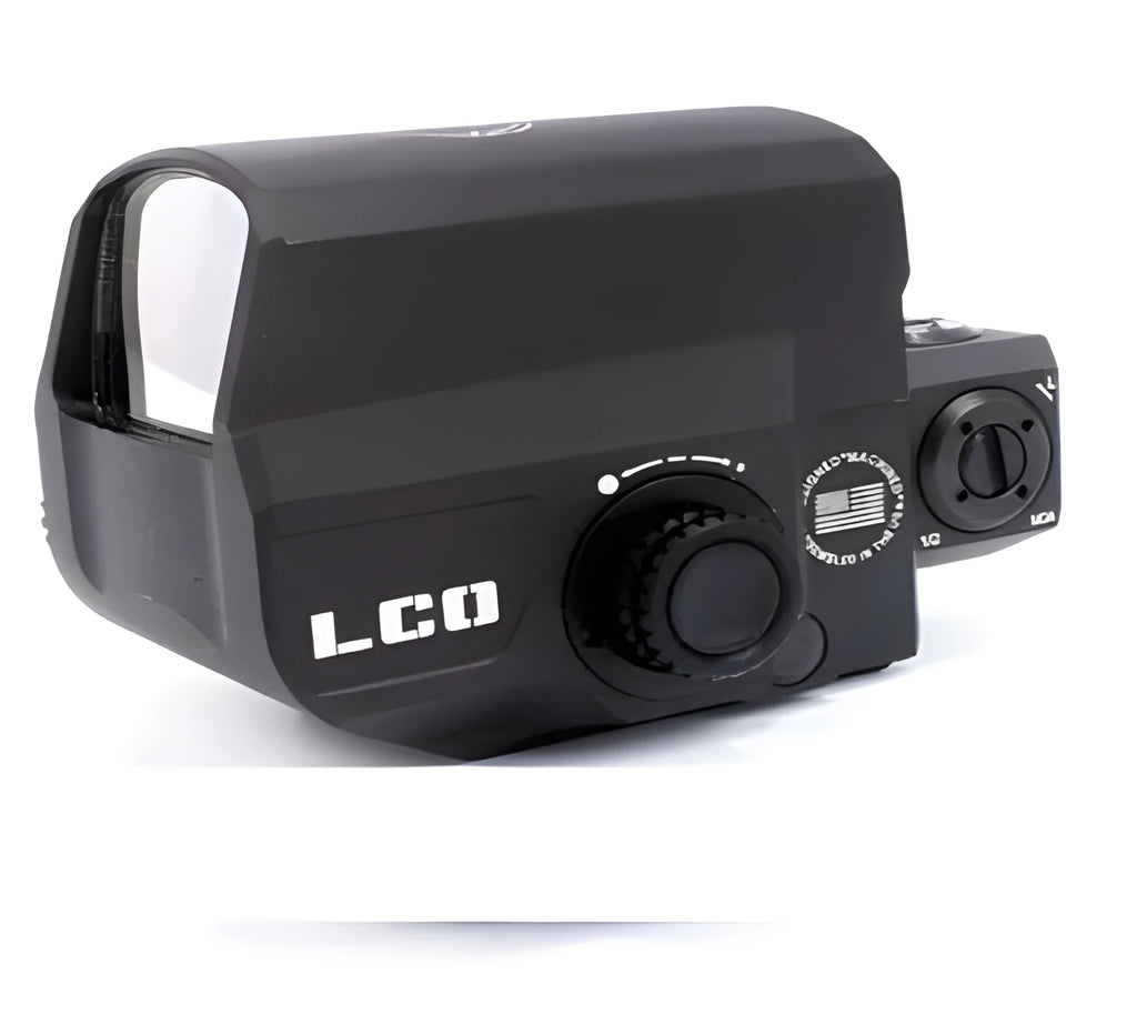 LCO black aluminium red dot reflex sight with 20mm rail mount on a rifle.