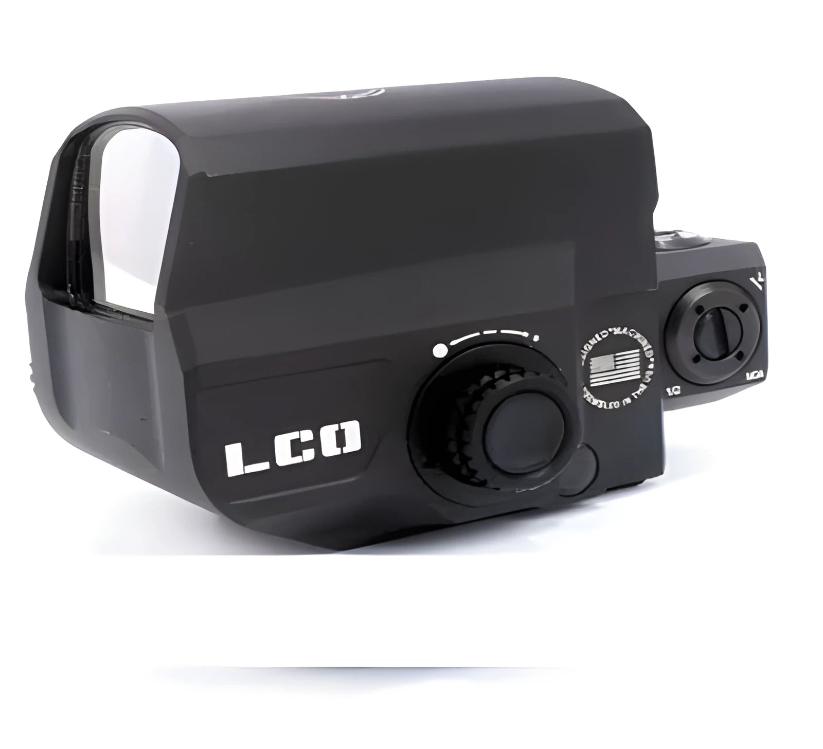 LCO black aluminium red dot reflex sight with 20mm rail mount on a rifle.