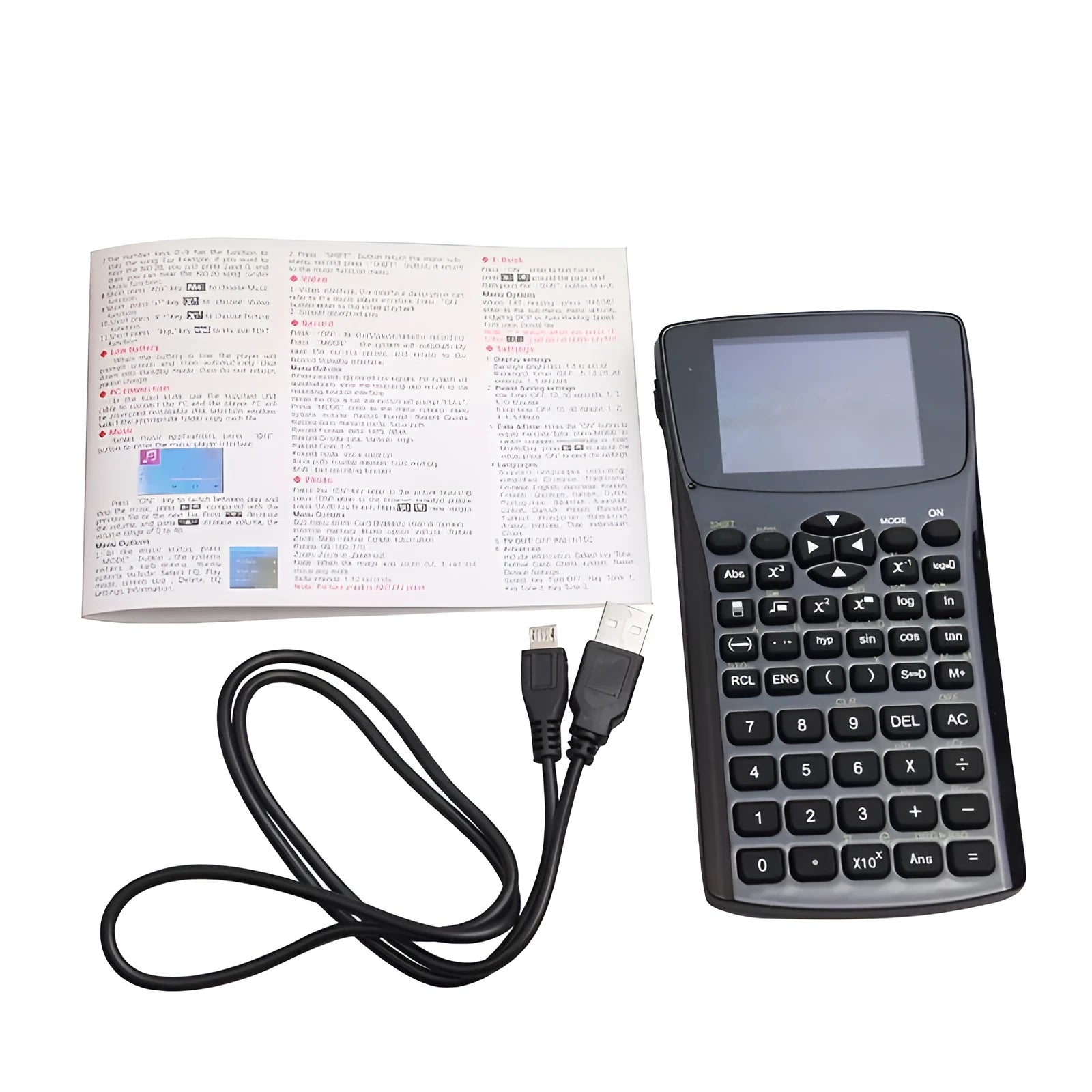 Black multifunctional e-book reader with 2.8cm colour screen showing multiple language options