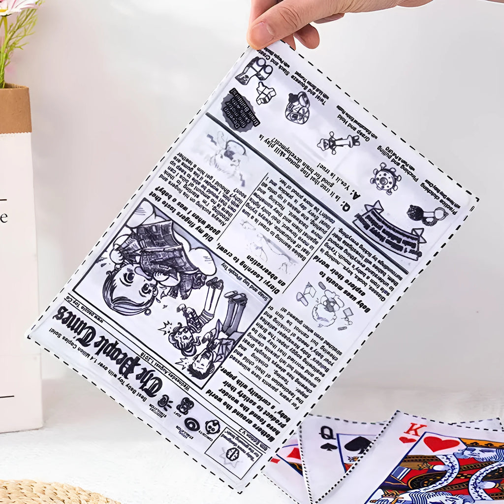 Tear-resistant dog toy with crinkly material in newspaper and playing card designs for small breeds.