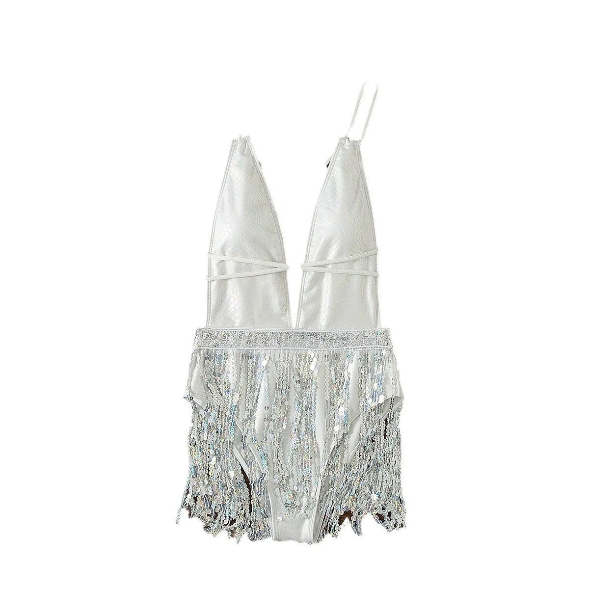White one-piece swimsuit with deep V-neck, adjustable halter straps, and a long front tassel.