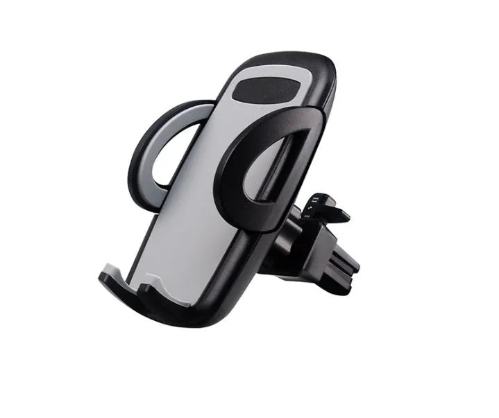 Black plastic mobile phone holder attached to car air conditioning vent with phone secured