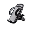 Black plastic mobile phone holder attached to car air conditioning vent with phone secured
