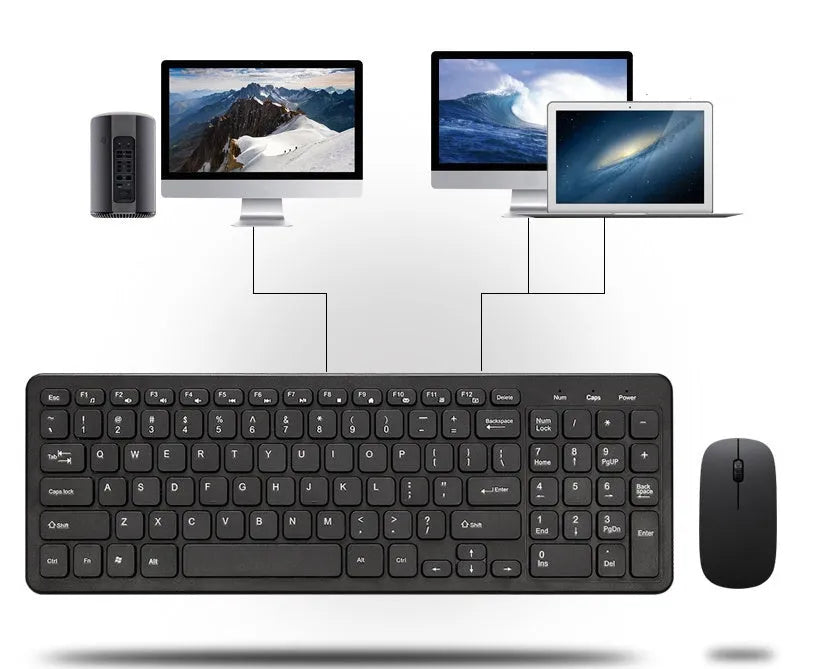 Wireless keyboard and mouse set in black showing crater structure keys and three-speed DPI mouse with USB receiver