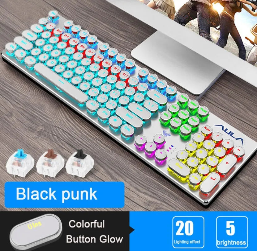 Steampunk Game Real Mechanical Keyboard, 104 keys, wired USB, metal panel, gold-plated keycaps, Black blue or White blue.