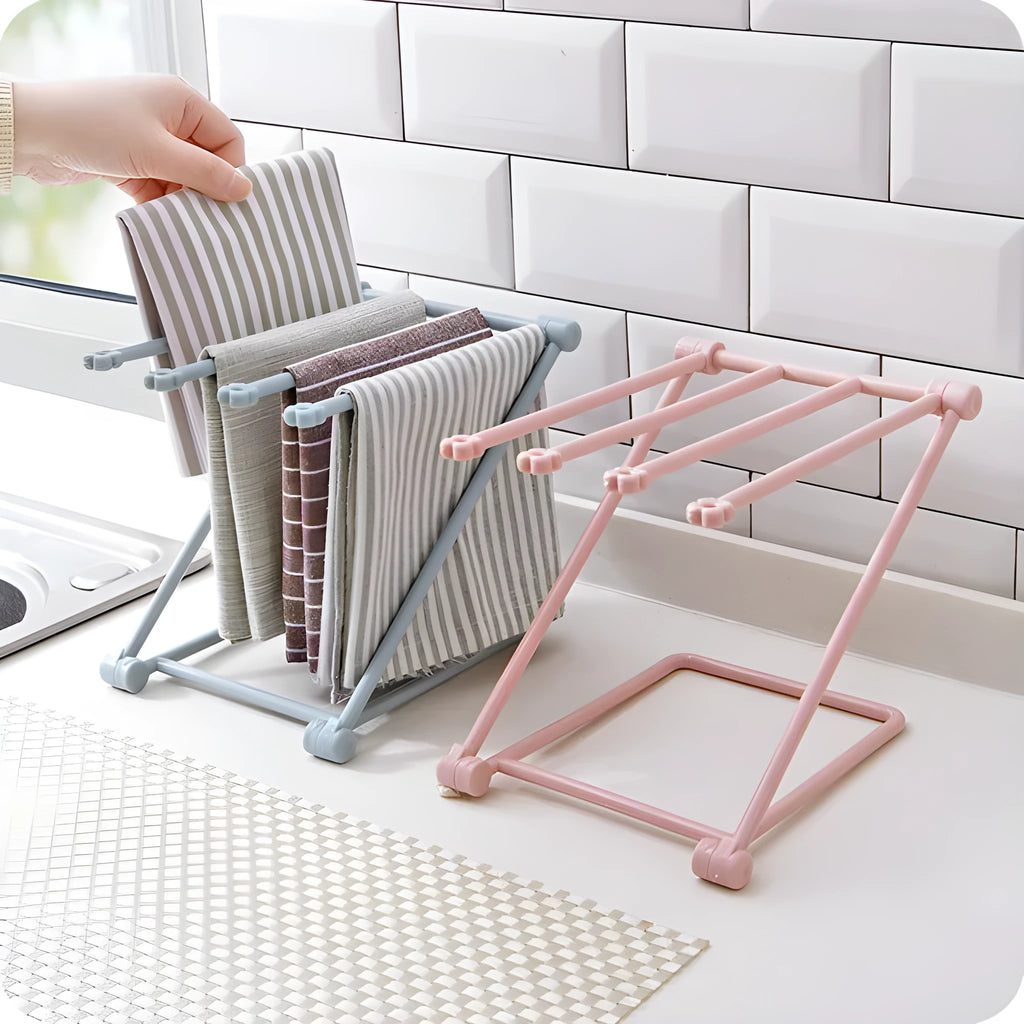 Foldable plastic dishcloth shelf in light blue with vertical towel storage
