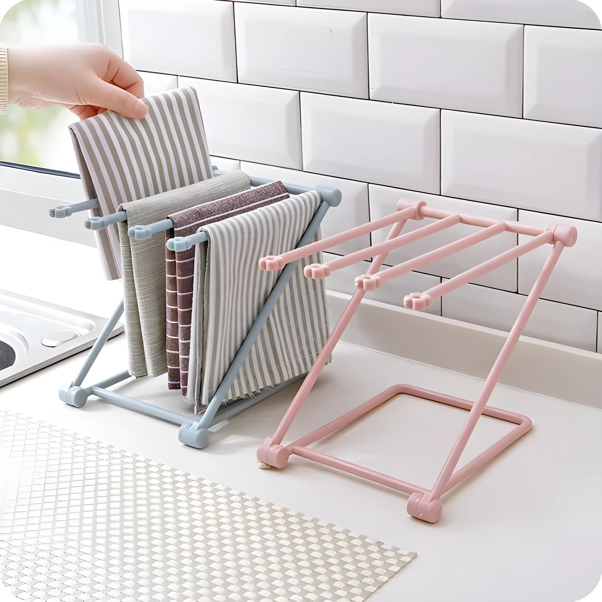 Foldable plastic dishcloth shelf in light blue with vertical towel storage