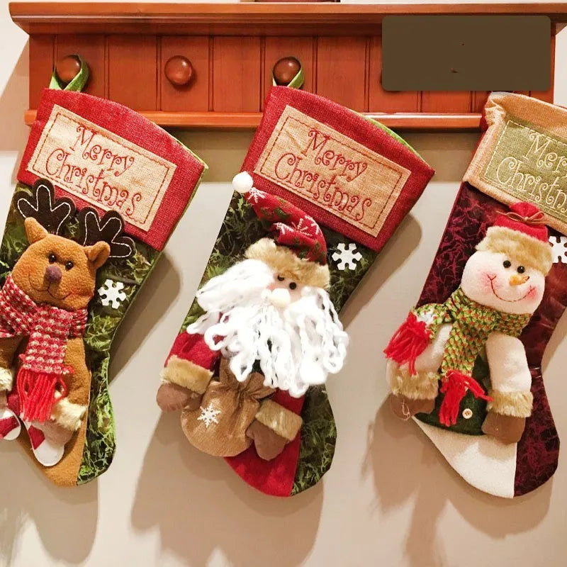 Handmade Christmas stocking decoration with 3D appliqué design on cloth fabric with hanging loop