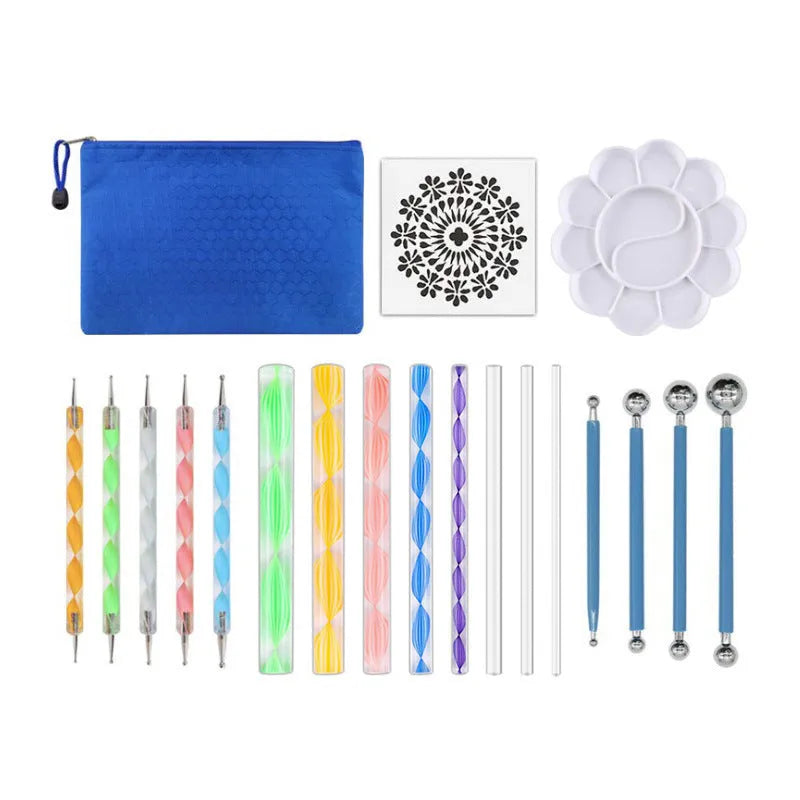 Pottery tool set with stainless steel and acrylic tools inside a blue pen bag.