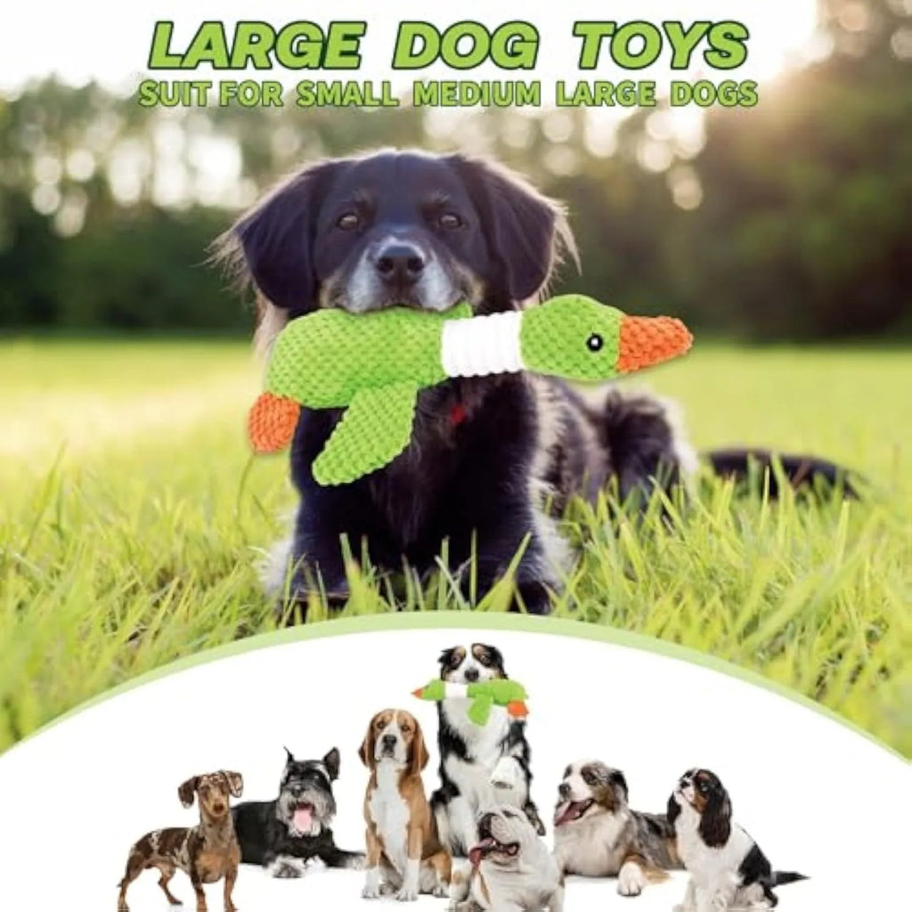 Blue duck-shaped dog plush toy with two squeakers, measuring 33cm by 10cm, for durable chewing and teething relief