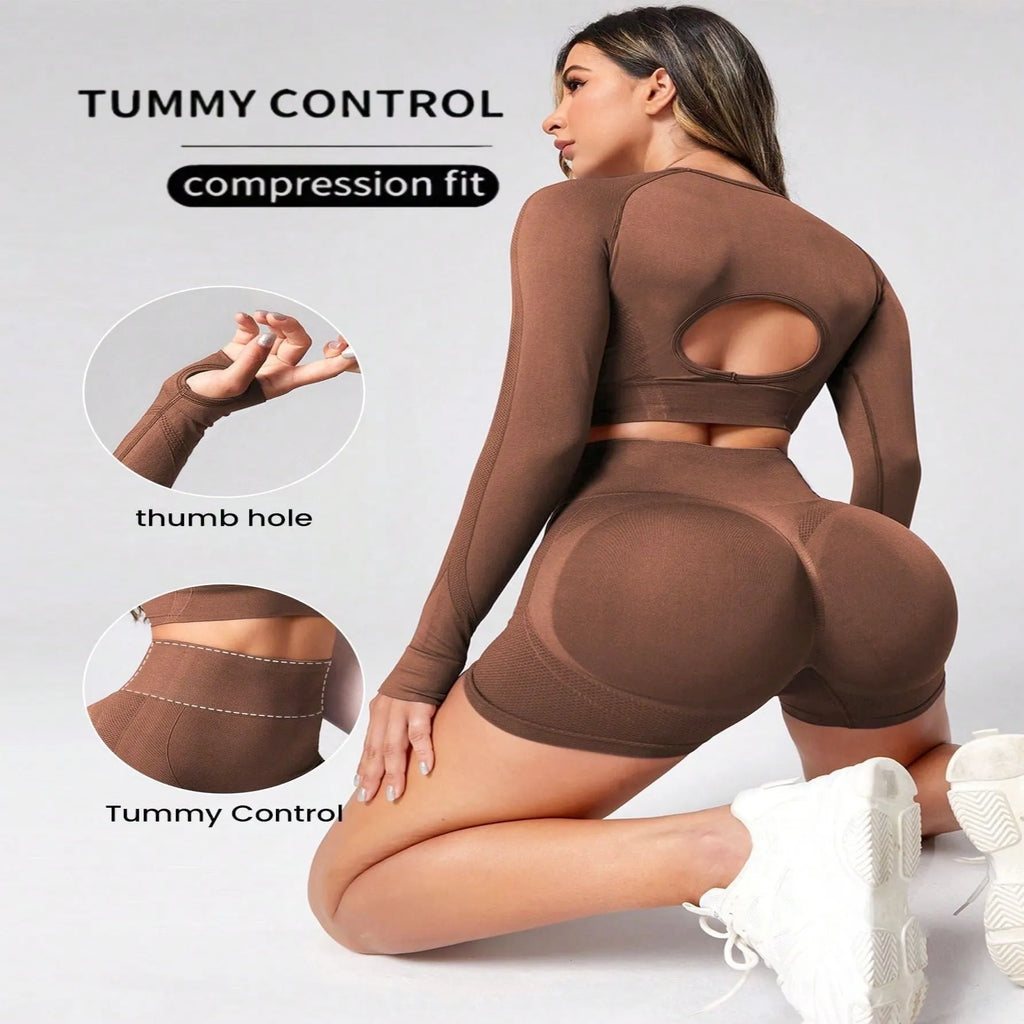Women's high-waisted yoga suit in nylon-spandex blend available in black, brown and purple colours